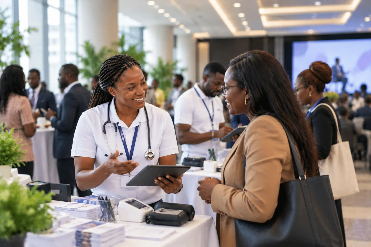 Healthcare professionals providing health support at a gathering